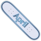 The Uni 8.38 OG Logo April Skateboards Deck is a premium white maple popsicle deck with a light blue border and bold blue “April” logo, designed for street and park skating, featuring standard truck holes.