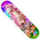 The Unicorn Princess 8.25x31.6 Hardbody Skateboard Deck Multicolor features a pink-maned unicorn with a princess necklace, colorful flowers, and red mushrooms on a vibrant rainbow and nature-inspired background.