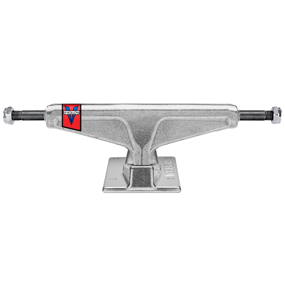 The V-Hollow 5.2 Polished Venture Trucks Set of TWO is shown from the front with a red and blue Venture logo on the left, a visible 5.2 baseplate, and black hardware on each end of the horizontal axle.