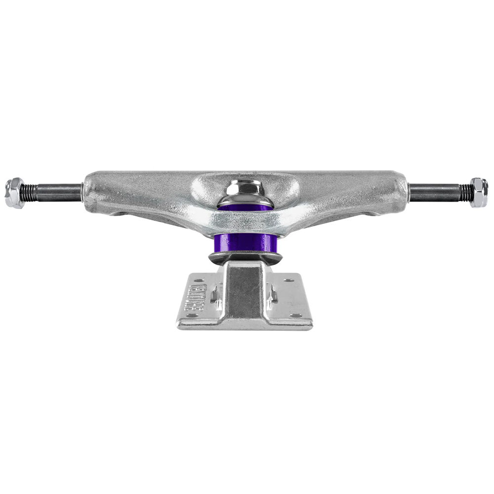 A set of two V-Hollow 5.2 Polished Venture Trucks with silver finish and purple bushings, viewed from the front on a white background. The baseplate is at the bottom, and the axle extends out horizontally on each side.