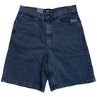 The Skate Check 5 Loose Shorts Washed Black Denim by Vans Skateboarding (VN000C9VEMQ1) are black heavyweight denim shorts with front and back pockets, belt loops, a button closure, and a visible brand tag on the waistband.