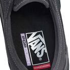 Close-up of the inside heel of the VN000D85CC81 Skate Curren Caples Charcoal Black Vans Skate Suede Rubber Shoes, showing the Vans logo and "Popcush insole" and "Skateboarding" on the insole.