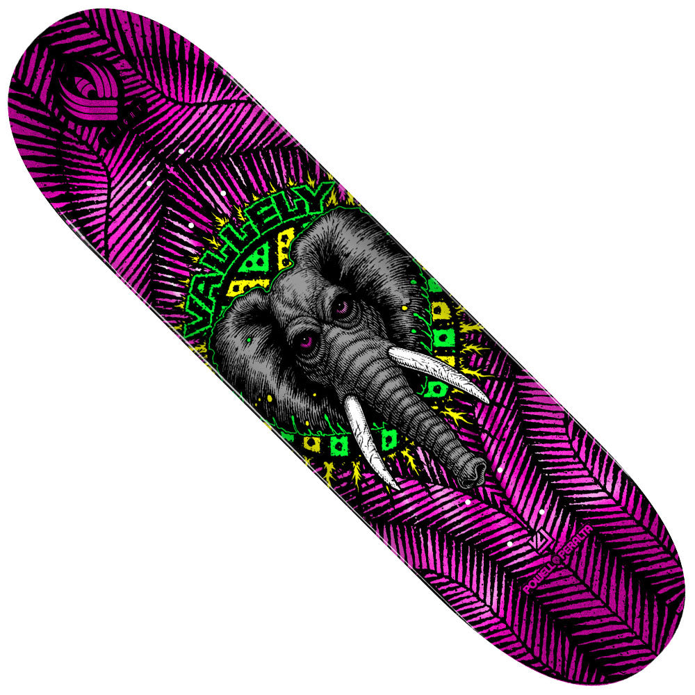 The Vallely Elephant Pro Flight Deck 8.38x32 Pink Foil by Powell Peralta has a striking purple and black pattern, a detailed elephant head with pink eyes, green “Vallely” lettering, and is crafted for lasting pop.
