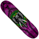 The Vallely Elephant Pro Flight Deck 8.38x32 Pink Foil by Powell Peralta has a striking purple and black pattern, a detailed elephant head with pink eyes, green “Vallely” lettering, and is crafted for lasting pop.