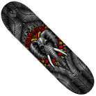 The Vallely Elephant Pro Flight Deck 8.38x32 Silver Foil by Powell Peralta features a black-and-gray tire tread pattern, a fierce red-eyed elephant graphic, bold VALLELY lettering, and is engineered for long-lasting skateboard performance and pop.
