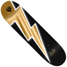 The Vallely Lightning Pro Flight Deck 8.5x32 Gold Foil by Powell Peralta features a striking gold lightning bolt on black, durable everlasting pop technology, white accents, and subtle logo and signature details in the corners.