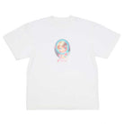 The Vanity Tee White April Skateboards T-Shirt is a heavyweight, 100% cotton tee featuring a pastel illustration of a blonde girl in a blue oval with “April” in pink cursive beneath the image.