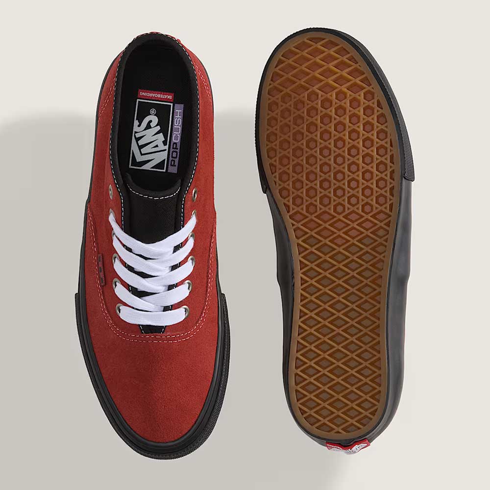 The Vans Authentic Mid VN000EEQGWR1 Poppy Ember Red Suede Skateboard Shoes are shown from above in burnt orange suede with white laces and from below highlighting the classic waffle-patterned vulcanized rubber outsole.