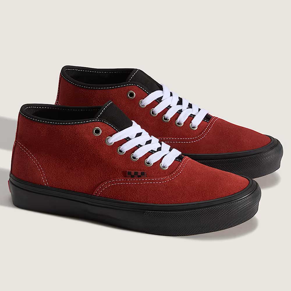 The Vans Authentic Mid VN000EEQGWR1 Poppy Ember Red Suede Skateboard Shoes feature white laces, black eyelets, a vulcanized rubber outsole, and a small black side logo—ideal for skateboarding.