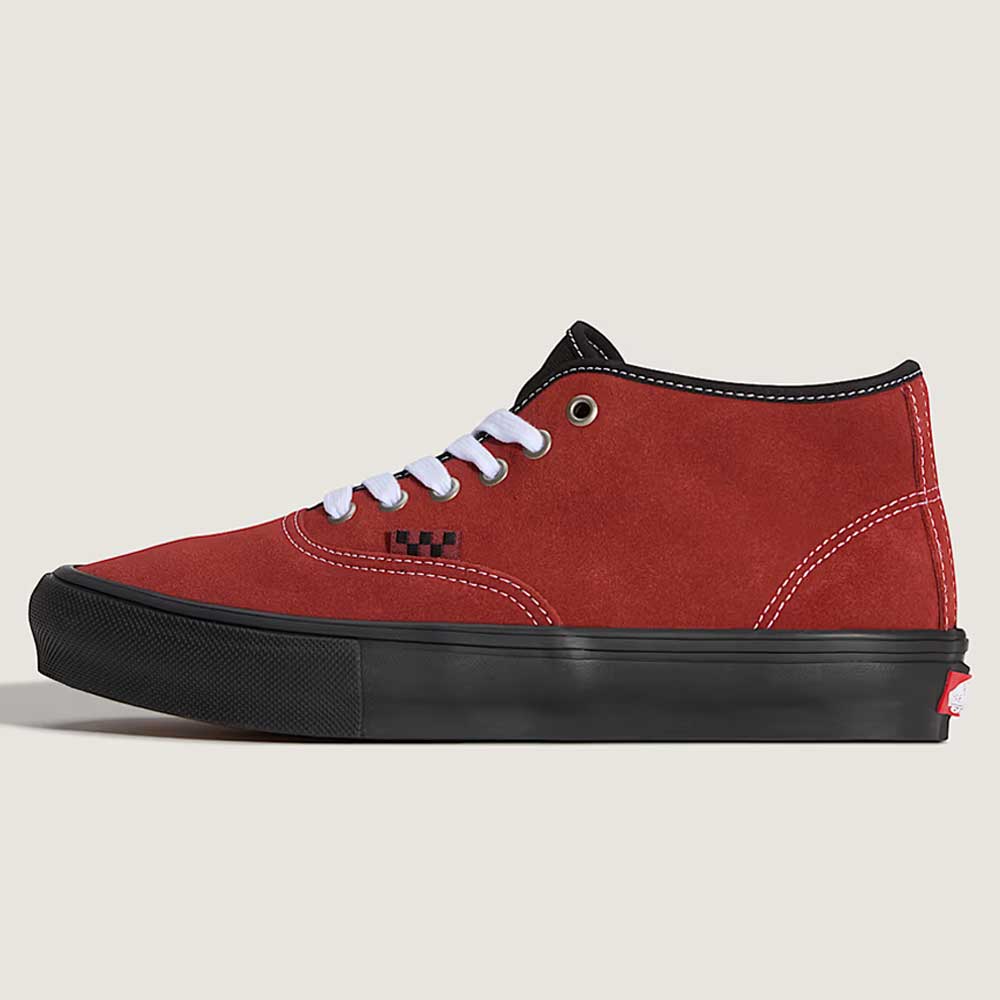 The Vans Authentic Mid VN000EEQGWR1 Poppy Ember Red Suede Skateboard Shoe features red suede, white stitching and laces, black padded collar and eyelets, vulcanized rubber outsole, and a small logo near the laces.