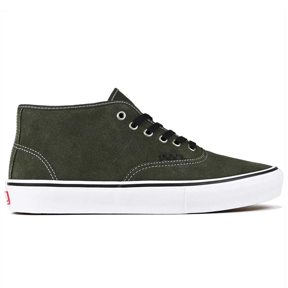 Introducing the Vans Authentic Mid VN000XW1FRN1 Obsidian Fern Suede Skateboard Shoes—a dark green suede mid-top sneaker designed with black laces, white stitching, and a durable white rubber sole. Taking inspiration from the iconic Vans Skate Authentic Mid, this shoe includes metal eyelets and a distinctive small red logo on the heel, making it an ideal choice for those seeking dependable skateboard shoes with a classic touch.
