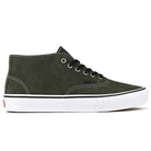 Introducing the Vans Authentic Mid VN000XW1FRN1 Obsidian Fern Suede Skateboard Shoes—a dark green suede mid-top sneaker designed with black laces, white stitching, and a durable white rubber sole. Taking inspiration from the iconic Vans Skate Authentic Mid, this shoe includes metal eyelets and a distinctive small red logo on the heel, making it an ideal choice for those seeking dependable skateboard shoes with a classic touch.