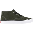 Obsidian fern (olive green) suede mid-top Vans Authentic Mid VN000XW1FRN1 skateboard shoes featuring white stitching, black laces, and a white rubber sole. The shoe is displayed in side profile facing left.