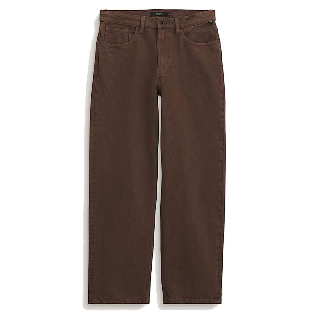 The Vans Loose Denim Dark Brown VN000PH6DRB1 Skate Check 5 Pants, featuring a straight-leg and loose fit, are shown flat against a white background.