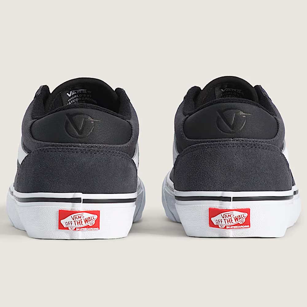 Back view of two Vans Rowan Charcoal Gray VN0A5JICH911 suede skate shoes with black heel accents and white soles, displaying the red Vans Off The Wall logo on each heel against a plain light background—these durable shoes are designed for both style and performance.