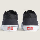 Back view of two Vans Rowan Charcoal Gray VN0A5JICH911 suede skate shoes with black heel accents and white soles, displaying the red Vans Off The Wall logo on each heel against a plain light background—these durable shoes are designed for both style and performance.