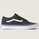A pair of Vans Rowan Charcoal Gray VN0A5JICH911 suede skate shoes featuring a white side stripe, white sole, black laces, and a small Vans logo tag on the side, displayed on a plain light background—ideal for anyone looking for durable skate shoes.