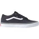 A charcoal gray Vans Rowan low-top sneaker (VN0A5JICH911) crafted from suede, featuring a white sidestripe, white midsole, black laces, and a red Vans logo on the heel—designed in collaboration with pro skater Rowan Zorilla for the ideal skate shoe.