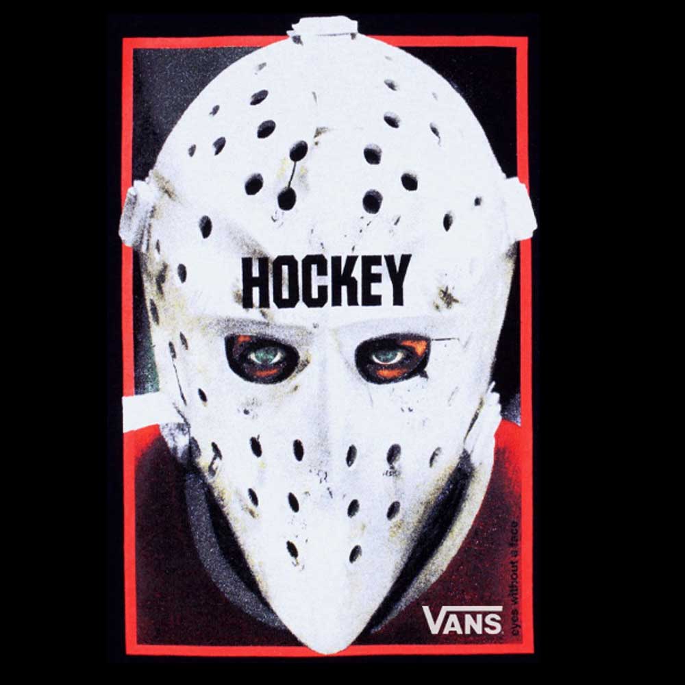 A close-up of intense eyes behind a white hockey goalie mask with holes. "HOCKEY" is printed across the forehead, and the Vans Skate AVE Classic x Hockey Green Black VN000Z97203 Leather Skateboard Shoes logo appears in the bottom right.