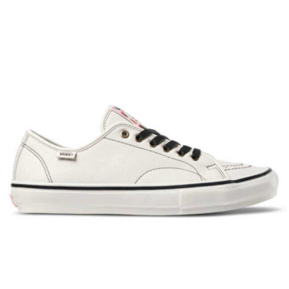 The Vans Skate AVE Classic x Hockey White Black VN000Z97WHT Leather Skateboard Shoes feature a white low-top design with black accents, black laces, a small Vans tag, durable rubber sole, and classic signature style.