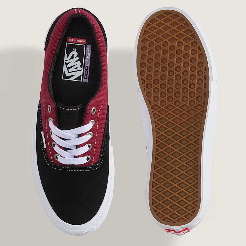 The Vans Skate Era Black Dark Red VN000ECRBDK1 Suede Rubber Shoes feature a black toe, maroon sides, white laces, padded collar, and a brown waffle-pattern sole shown from above and below.