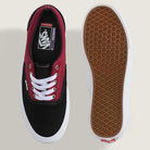 The Vans Skate Era Black Dark Red VN000ECRBDK1 Suede Rubber Shoes feature a black toe, maroon sides, white laces, padded collar, and a brown waffle-pattern sole shown from above and below.