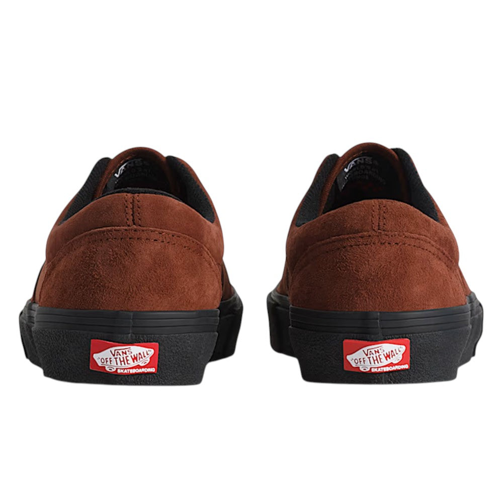 The back view of two brown suede Vans Skate Era Black Rust VN000ECR8D3 Suede Rubber Skateboarding Shoes with black soles, each featuring a red heel tab with white and black branding.