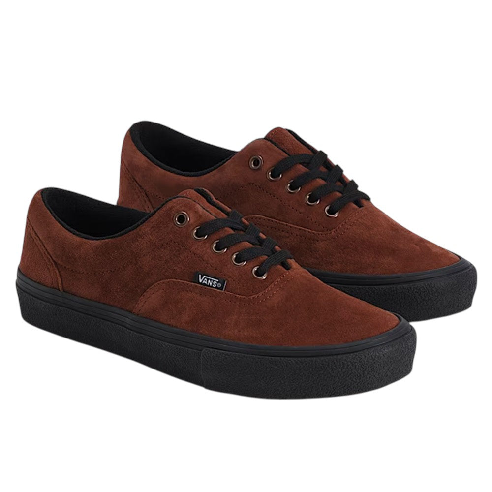 Vans Skate Era Black Rust VN000ECR8D3 Suede Rubber Skateboarding Shoes in a rust-colored suede low-top skate design featuring PopCush footbeds, black laces, and black DuraCap rubber soles.