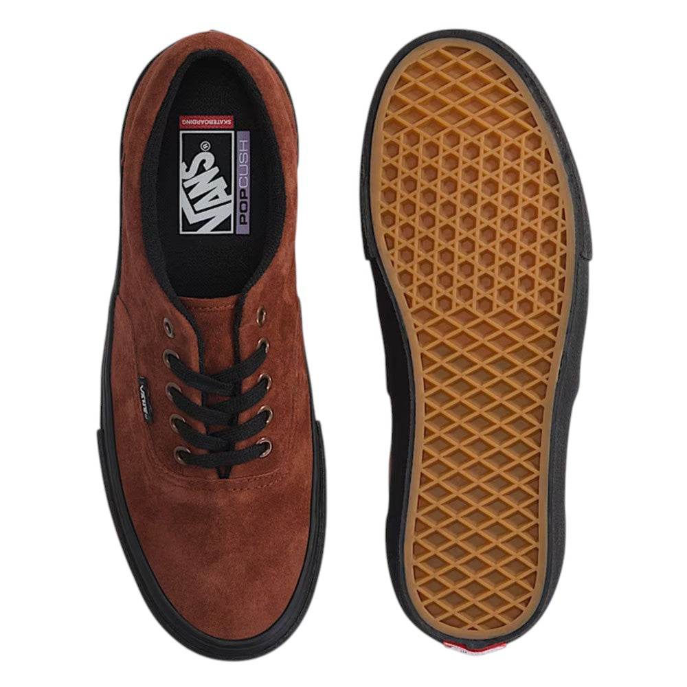Top-down view of a rust-colored suede Vans Skate Era Black Rust VN000ECR8D3 Suede Rubber Skateboarding Shoe with black laces, a black midsole, and its separate gum-colored waffle tread outsole.