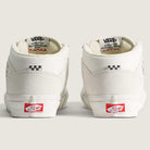 The Vans Skate Half Cab Marshmallow White VN0A5FCDCA suede skateboard shoes feature white uppers, Off The Wall red heel logos, Vans branding on the tongues, and PopCush impact protection for comfort and performance.