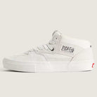 The Vans Skate Half Cab Marshmallow White VN0A5FCDCA Suede Skateboard Shoes feature a white mid-top design with a white sole, white laces, PopCush impact protection, and a Half Cab logo patch on the side.