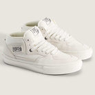 The Vans Skate Half Cab Marshmallow White VN0A5FCDCA suede skateboard shoes feature white laces, a logo patch on the tongue and side, and PopCush impact protection, shown on a light background.