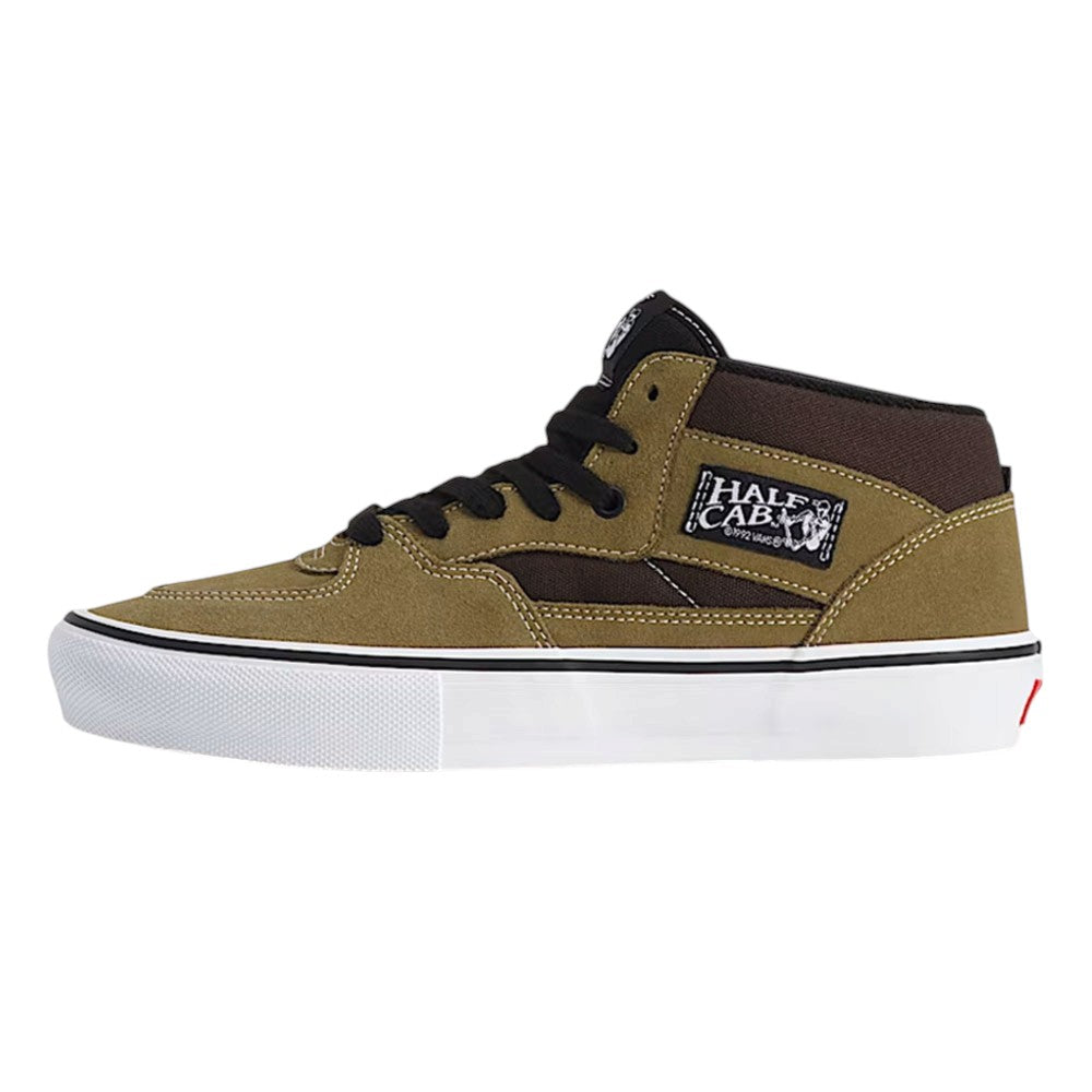 Vans Skate Half Cab Olive Brown VN0A5FCDOVB suede mid-top skate shoe featuring black laces, a black collar, a white rubber sole, and a Half Cab side patch for enhanced durability.