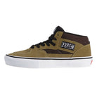 Vans Skate Half Cab Olive Brown VN0A5FCDOVB suede mid-top skate shoe featuring black laces, a black collar, a white rubber sole, and a Half Cab side patch for enhanced durability.