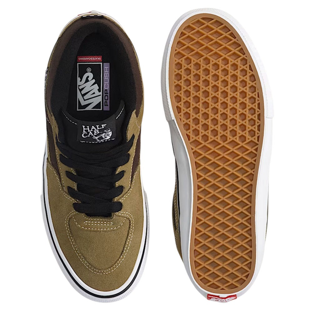 A top-down view of an olive green suede Vans Skate Half Cab Olive Brown VN0A5FCDOVB Suede Skateboarding Shoe shown alongside its gum rubber waffle-patterned sole.