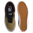 A top-down view of an olive green suede Vans Skate Half Cab Olive Brown VN0A5FCDOVB Suede Skateboarding Shoe shown alongside its gum rubber waffle-patterned sole.