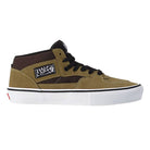 Vans Skate Half Cab Olive Brown VN0A5FCDOVB Suede Skateboarding Shoes: an olive green mid-top with black laces, a dark brown padded collar, and a white rubber sole featuring a black foxing stripe.