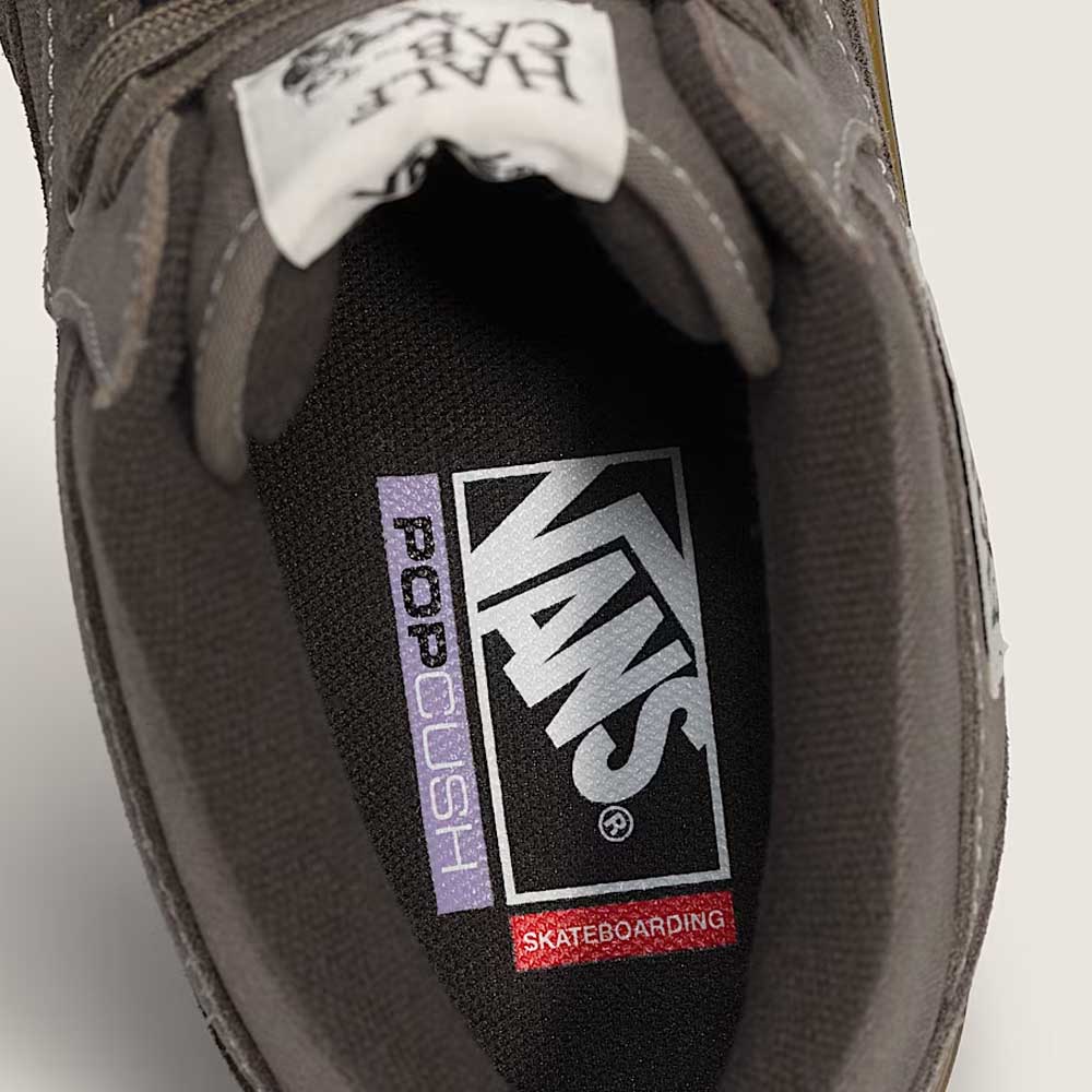 Top view of the Vans Skate Half Cab Walnut Gum VN0A5FCD77J1 Suede Skateboard Shoe in gray, showing the insole with white, black, and red Vans, Pop Cush, and Skateboarding logos.