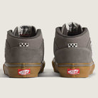 The Vans Skate Half Cab Walnut Gum VN0A5FCD77J1 Suede Skateboard Shoes feature gray uppers, gum soles, red Off The Wall heel tags, checkerboard tongue labels, and PopCush impact protection for comfort.