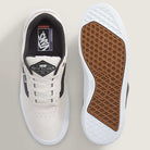 A pair of Vans Skate Kyle Walker Wafflecup shoes in White Gunmetal (VN000DA4XQL1), crafted with suede and rubber, displayed from top and bottom; the outsole features a brown waffle pattern, and the insole is designed for enhanced comfort and support.