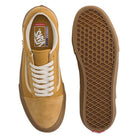 A top-down view of a brown Vans Skate Old Skool Autumn Brown VN000EDNGR8 Suede Rubber Skateboarding Shoe displayed next to its brown rubber waffle-treaded sole.