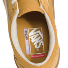 Top-down view of a Vans Skate Old Skool Autumn Brown VN000EDNGR8 Suede Rubber Skateboarding Shoes interior, featuring a cushioned insole with printed logos for Vans and PopCush technology.