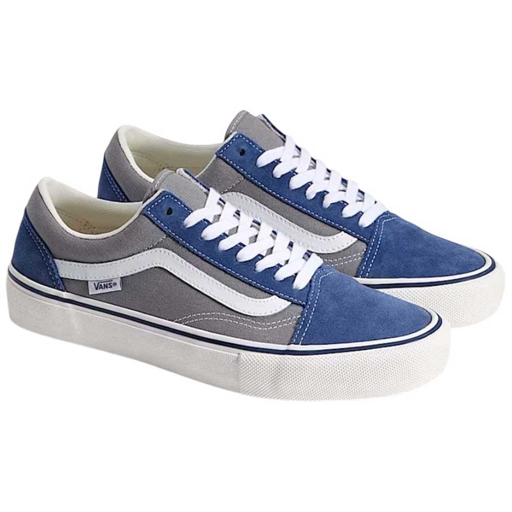 The Vans Skate Old Skool Blue Gray VN000EDNY241 sneakers feature blue and gray suede, a white leather side stripe, white laces and rubber soles, plus comfy PopCush footbeds—an ideal addition to any skateboarding shoe collection.