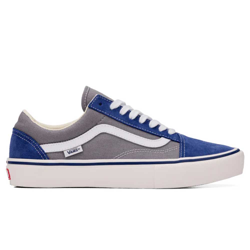The Vans Skate Old Skool Blue Gray VN000EDNY241 features a blue and gray suede upper, white side stripe, white laces, PopCush footbeds, and a white rubber sole—an ideal choice for your next skateboarding shoe.