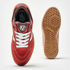 A pair of Vans Skate Rowan Z3 VN000V74BRD Gum Bordeaux Suede skate shoes with white laces; one displays the Rowan Z3 logo on the tongue, the other shows a textured brown rubber sole for enhanced impact protection.