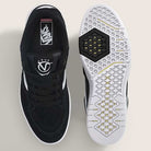 Top-down view of the Vans Skate Rowan Z3 VN000V74BWT1 Black White Red Suede Skateboard Shoes; the left shoe features the Rowan Z3 logo on its tongue, while the right shoe displays a sole with geometric patterns in black, white, and yellow, including a hexagonal textured area near the ball of the foot for enhanced impact protection.