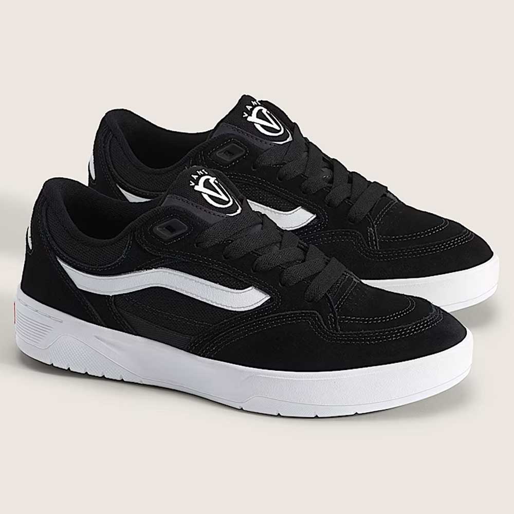 A pair of Vans Skate Rowan Z3 VN000V74BWT1 Black White Red Suede skateboard shoes, featuring black suede uppers with white soles and signature white side stripes, along with a distinctive circular logo on the tongue and back heel, displayed on a neutral background. Built for impact protection, these sneakers seamlessly blend style and performance for skateboarders.