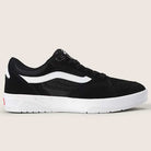 The Vans Skate Rowan Z3 VN000V74BWT1 Black White Red Suede Skateboard Shoes are displayed in side profile against a plain light background, showcasing a black suede upper with a white wave design and a crisp white sole. This model offers enhanced impact protection for exceptional comfort and durability, whether you’re skating or wearing them casually.