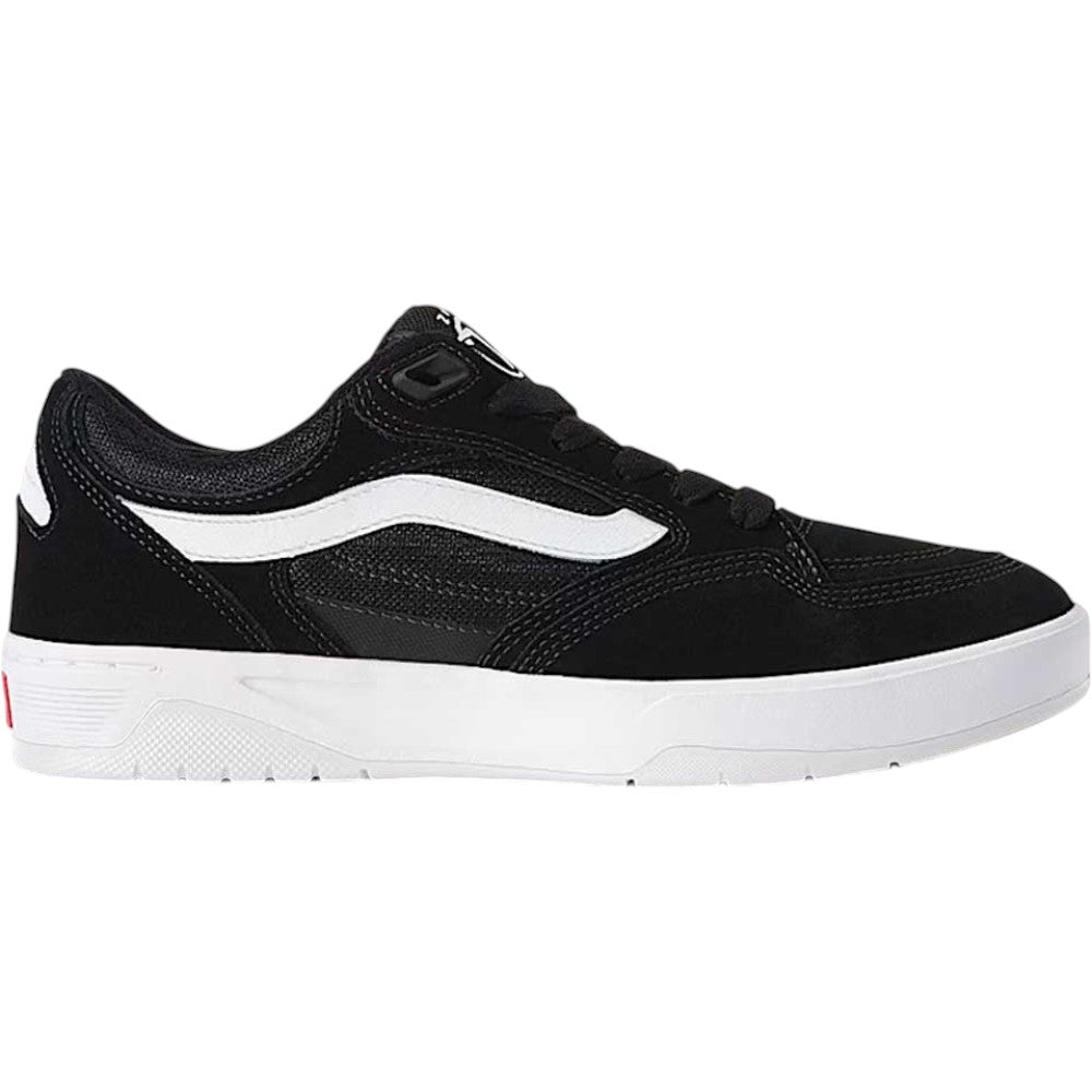 A black Vans Skate Rowan Z3 VN000V74BWT1 suede skateboarding shoe with white and red accents, featuring a white side stripe and a durable white rubber sole, offers enhanced impact protection and classic style when seen from the side.