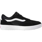 A black Vans Skate Rowan Z3 VN000V74BWT1 suede skateboarding shoe with white and red accents, featuring a white side stripe and a durable white rubber sole, offers enhanced impact protection and classic style when seen from the side.
